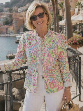 Lilly & Van Denim Jacket 1X Vintage Paisley Print Vacation Coastal Colorful